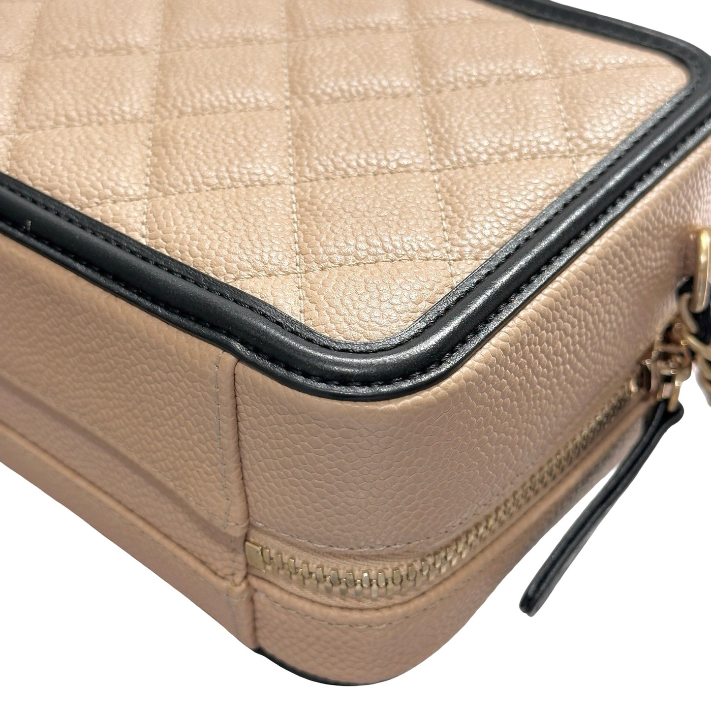 Used CHANEL Calfskin Leather Cross Body Bag Beige GHW