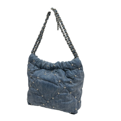 Used CHANEL Denim Quilted Studded Chanel 22 Mini Bag Blue Silver