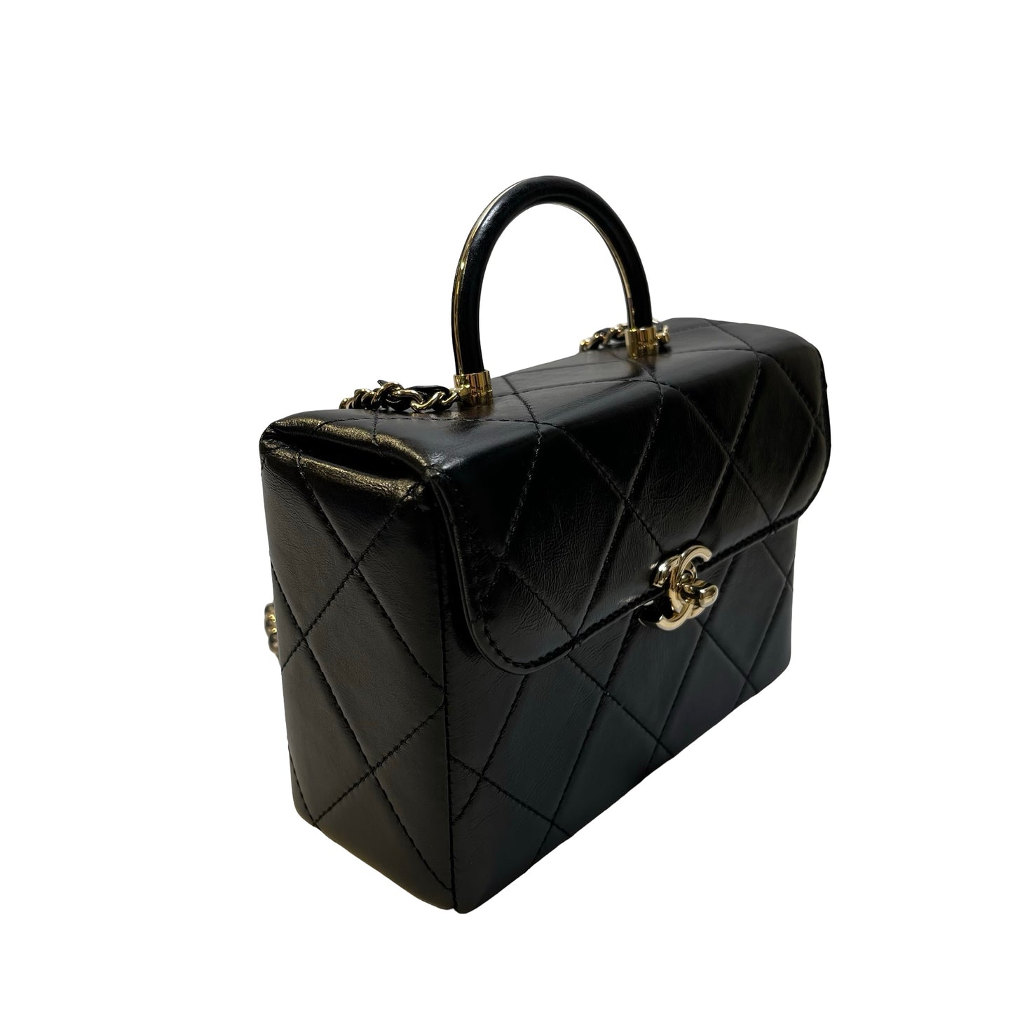 Used CHANEL Quilted Lambskin Mini flap bag with top handle Mini Bag Black Gold tone hardware