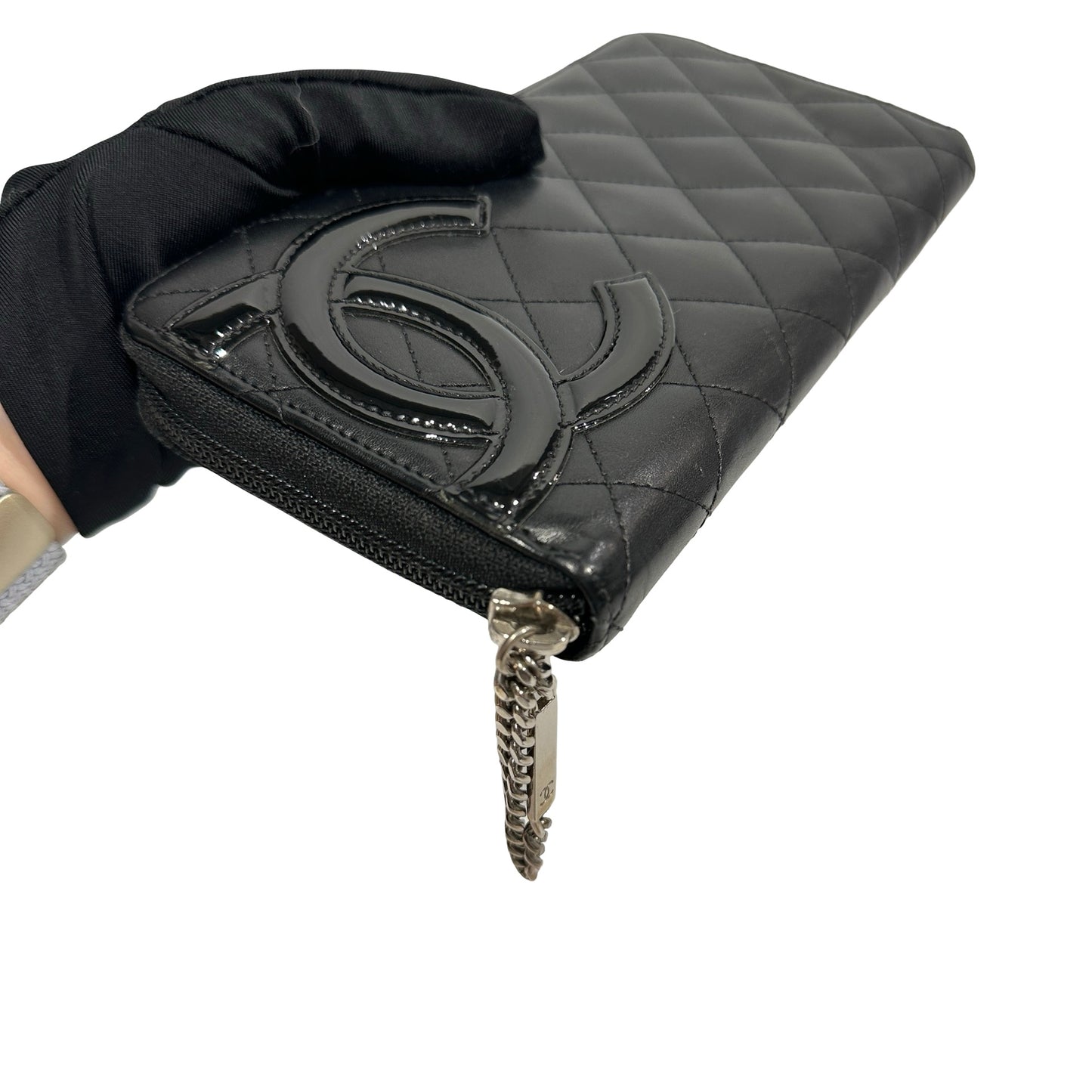 Used Chanel Lambskin Leather Cambon Long Round Wallet Black PHW