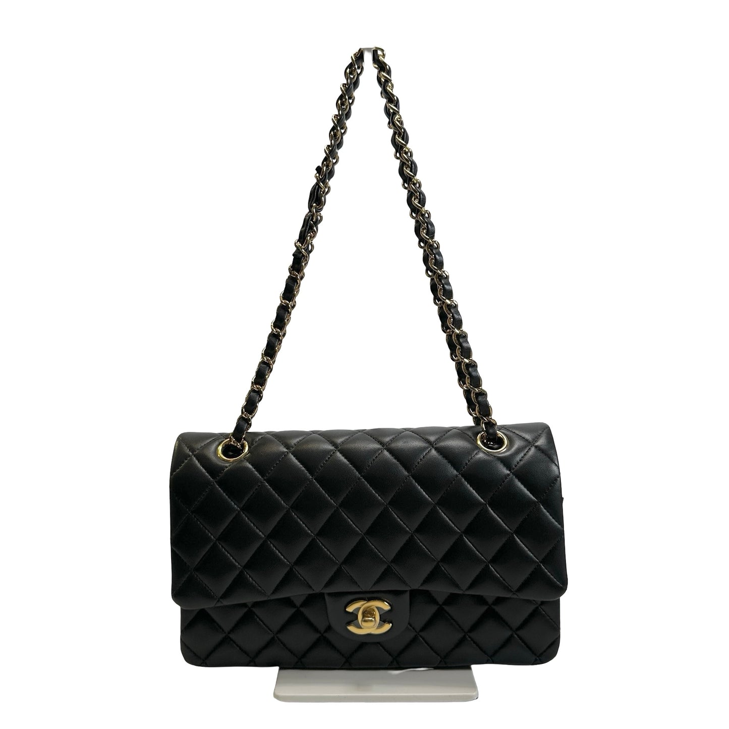 Used CHANEL Quilted Lambskin Classic Flap 25 Chain Shoulder Bag Black Gold