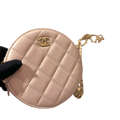 Used CHANEL Lambskin Leather Chain with Gold Ball Cross Body Bag Pink GHW
