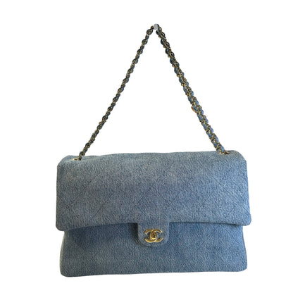 Used CHANEL Denim Classic Flap Chain Shoulder Bag Blue GHW