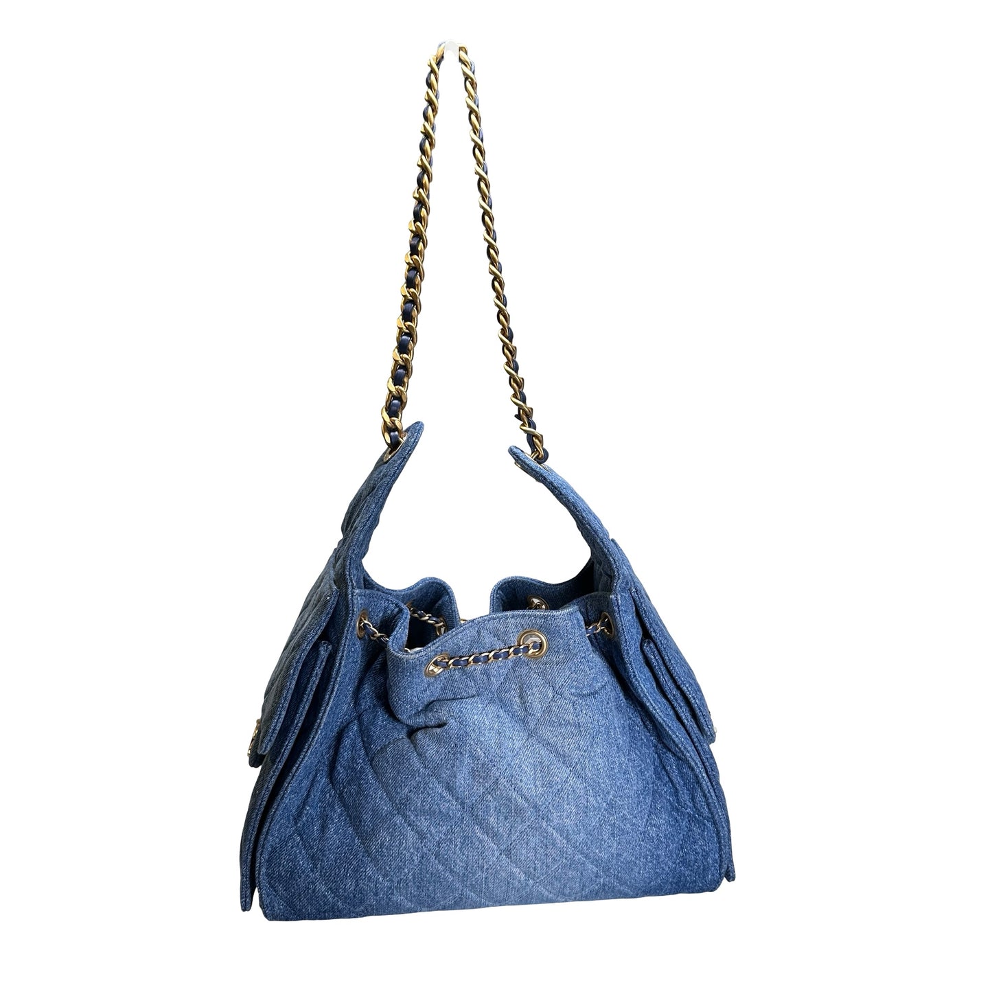 Used CHANEL Denim Quilted Kelly Shoulder Bag Blue GHW