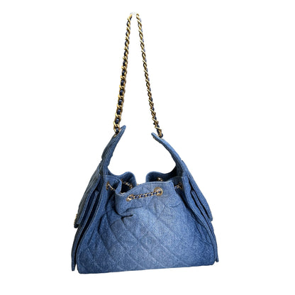 Used CHANEL Denim Quilted Kelly Shoulder Bag Blue GHW