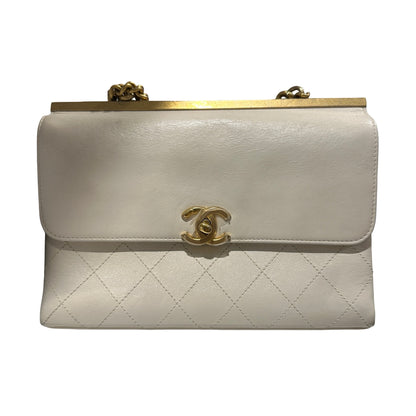 Used CHANEL Quilted Smooth Leather Small Coco Luxe Flap Bag Handbag White Gold