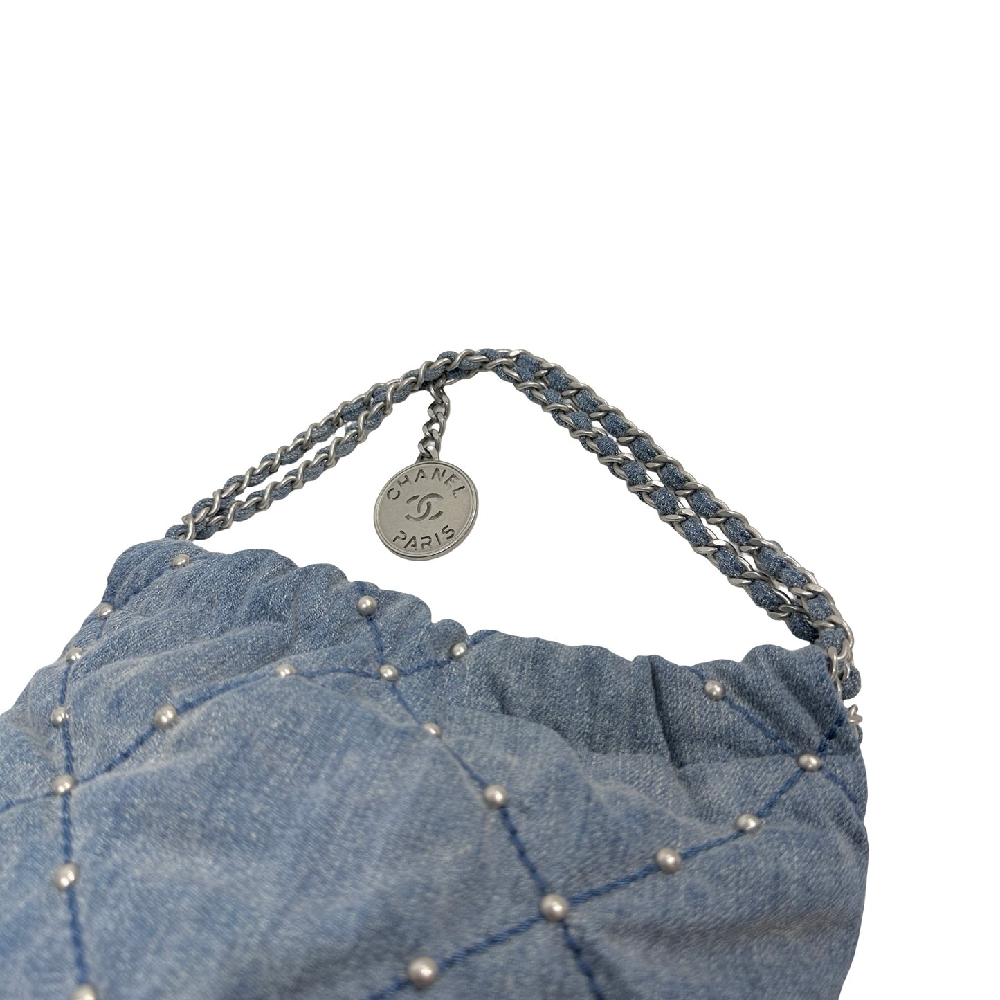 Used CHANEL Denim Quilted Studded Chanel 22 Mini Bag Blue Silver