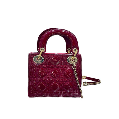 Used Dior Patent Leather Mini Lady Dior Top Handle Bag Cherry Red GHW