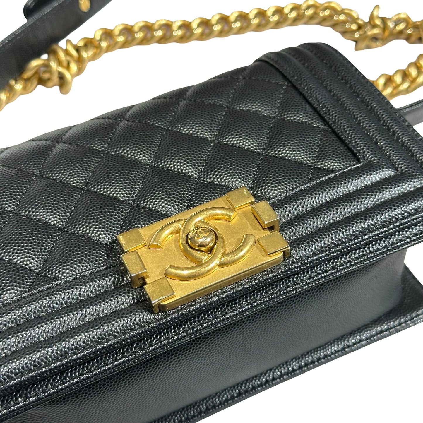 Used CHANEL Caviar Leather Boy 20cm Chain Shoulder Bag Black GHW