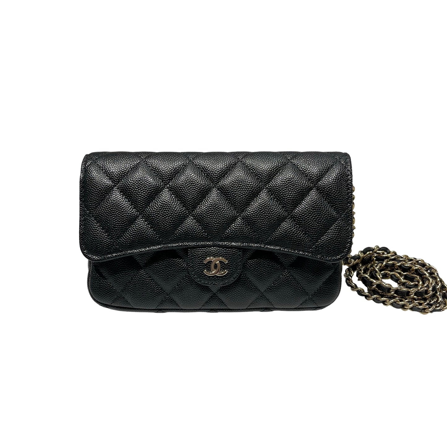 Used CHANEL Caviar Leather Chain Phone Case Cross Body Bag Black GHW