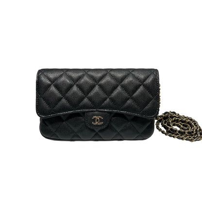 Used CHANEL Caviar Leather Chain Phone Case Cross Body Bag Black GHW