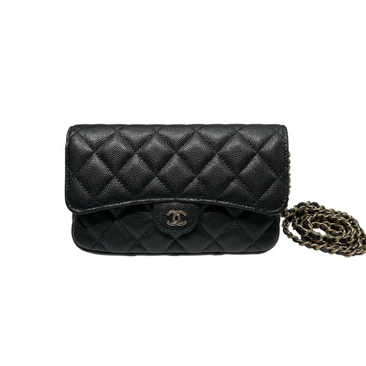 Used CHANEL Caviar Leather Chain Phone Case Cross Body Bag Black GHW