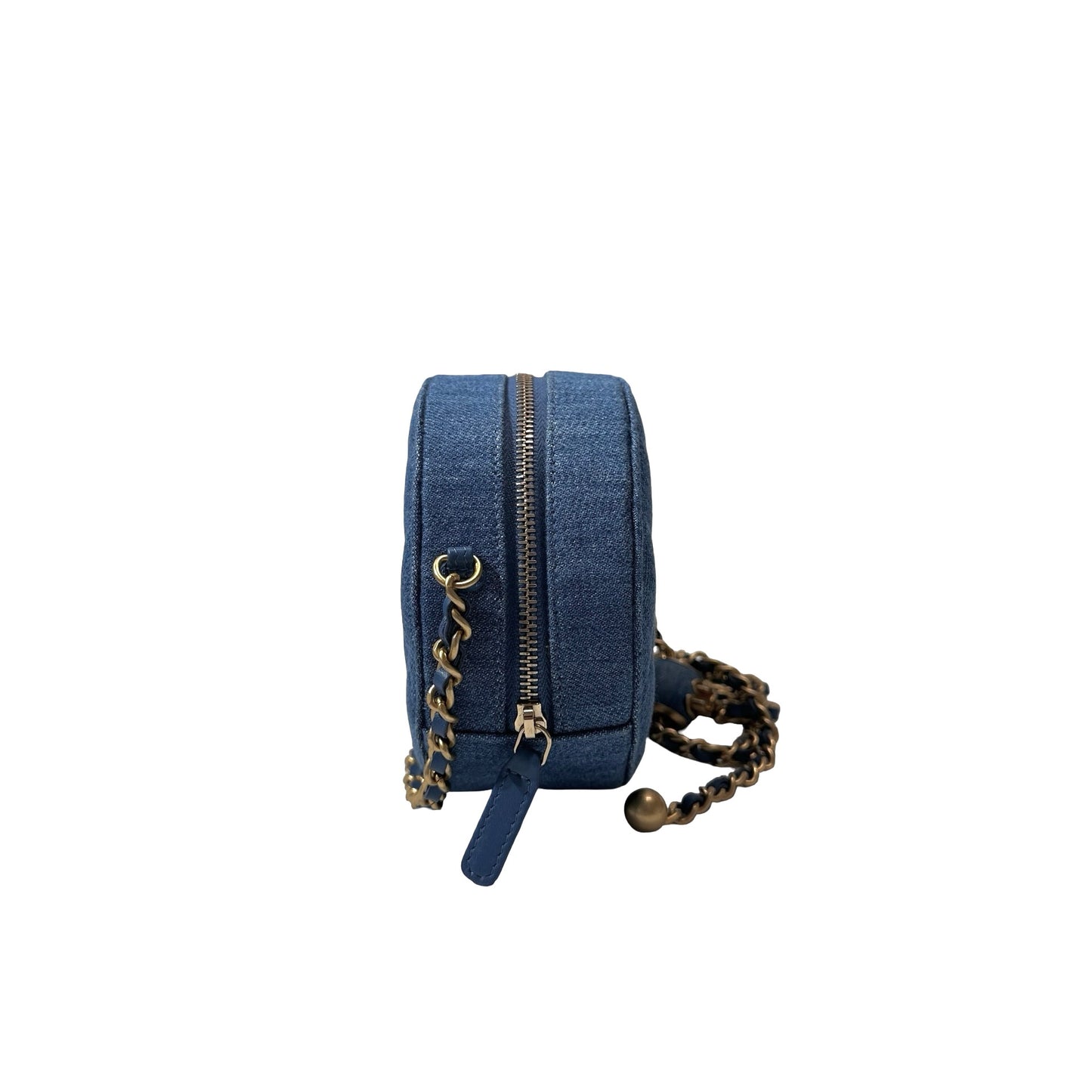 Used CHANEL Denim Chain with Gold Ball Cross Body Bag Denim Blue GHW