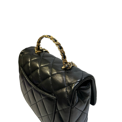 Used CHANEL Quilted Lambskin Top Handle Flap Bag Handbag Black