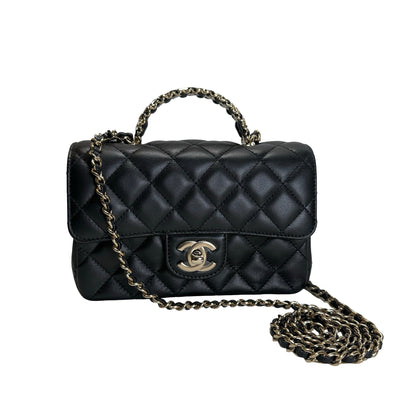 Used CHANEL Quilted Leather Mini Flap Bag with Top Handle Handbag Black