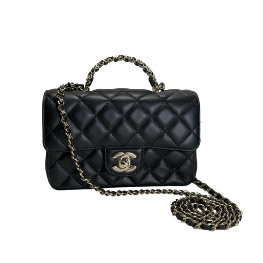 Used CHANEL Quilted Leather Mini Flap Bag with Top Handle Handbag Black
