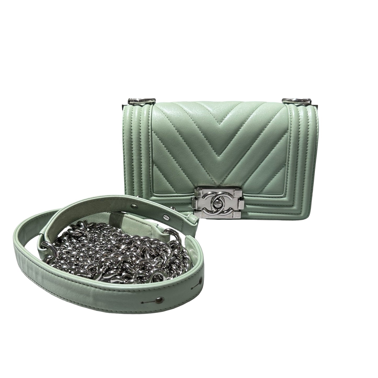 Used CHANEL Boy 20cm Cross Body Bag Green PHW