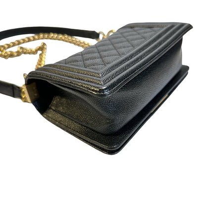 Used CHANEL Caviar Leather Quilted Boy 20 Shoulder Bag Black Gold