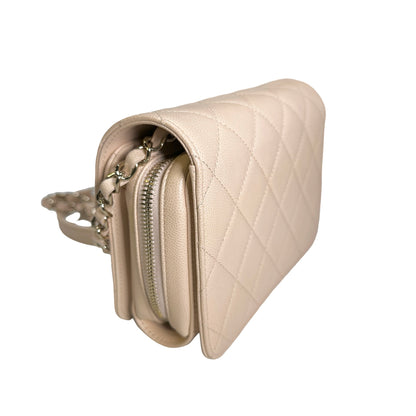 Used CHANEL Quilted Caviar Flap Bag Chain Shoulder Bag Beige