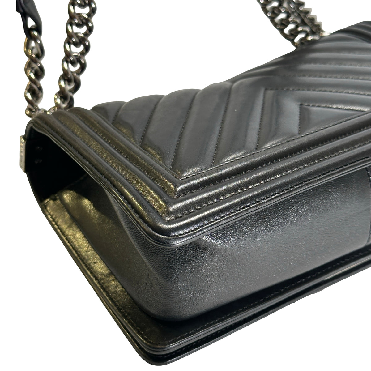 Used CHANEL Chevron Leather Boy Chanel Shoulder Bag Black Silver