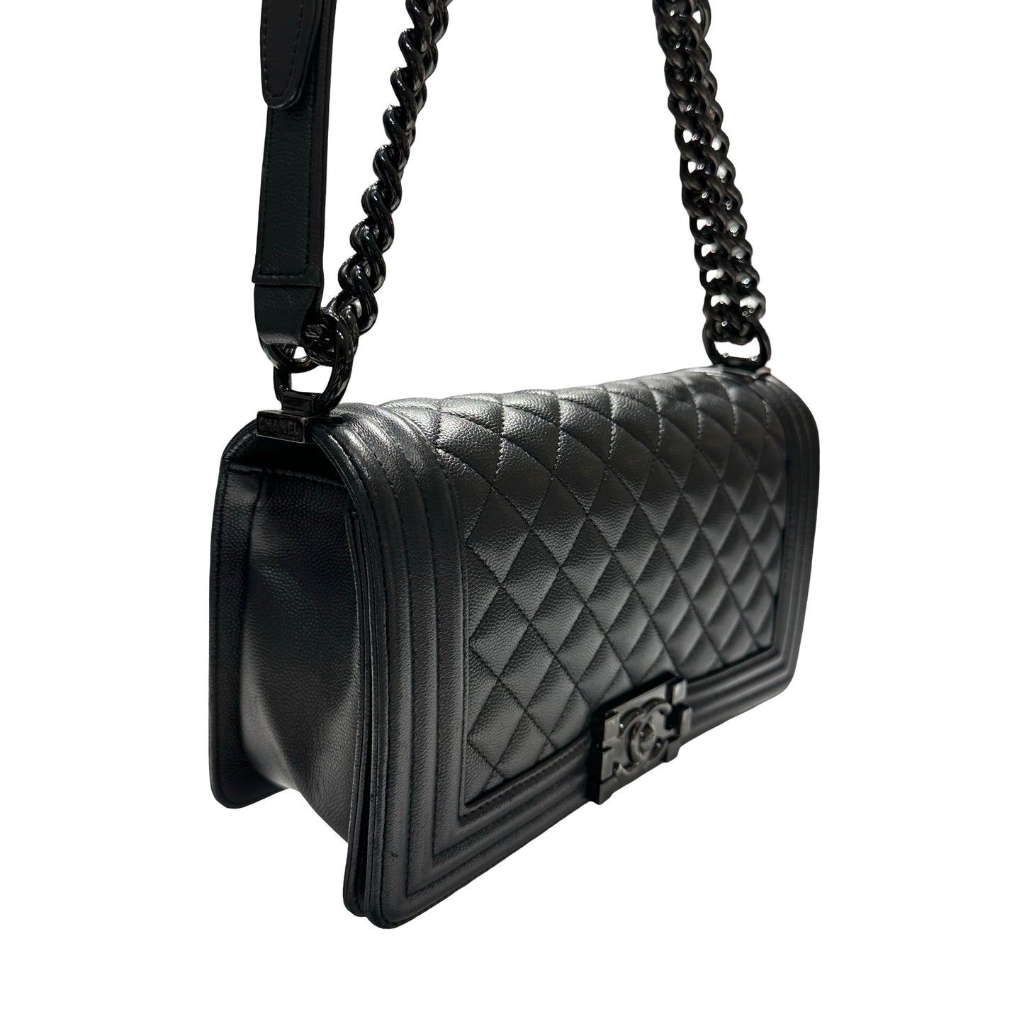 Used CHANEL Quilted Caviar Boy Chain Shoulder Bag Black