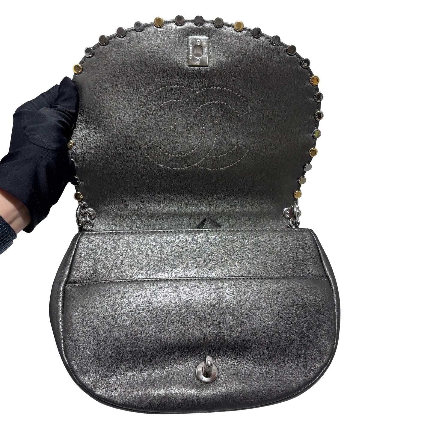 Used CHANEL Metallic Bubble Flap Bag Cross body bag Dark Grey