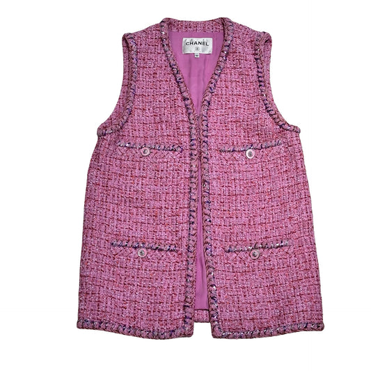 Used CHANEL Tweed Vest Jacket Purple Pink