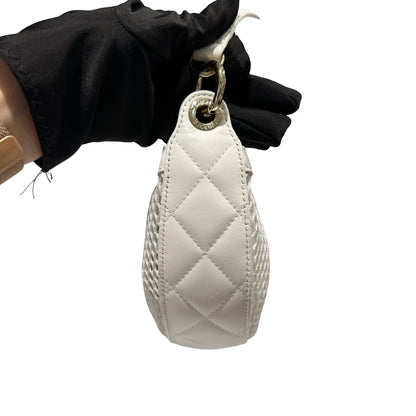 Used CHANEL Mesh Leather 25S Half Moon Clutch Hobo Bag White GHW