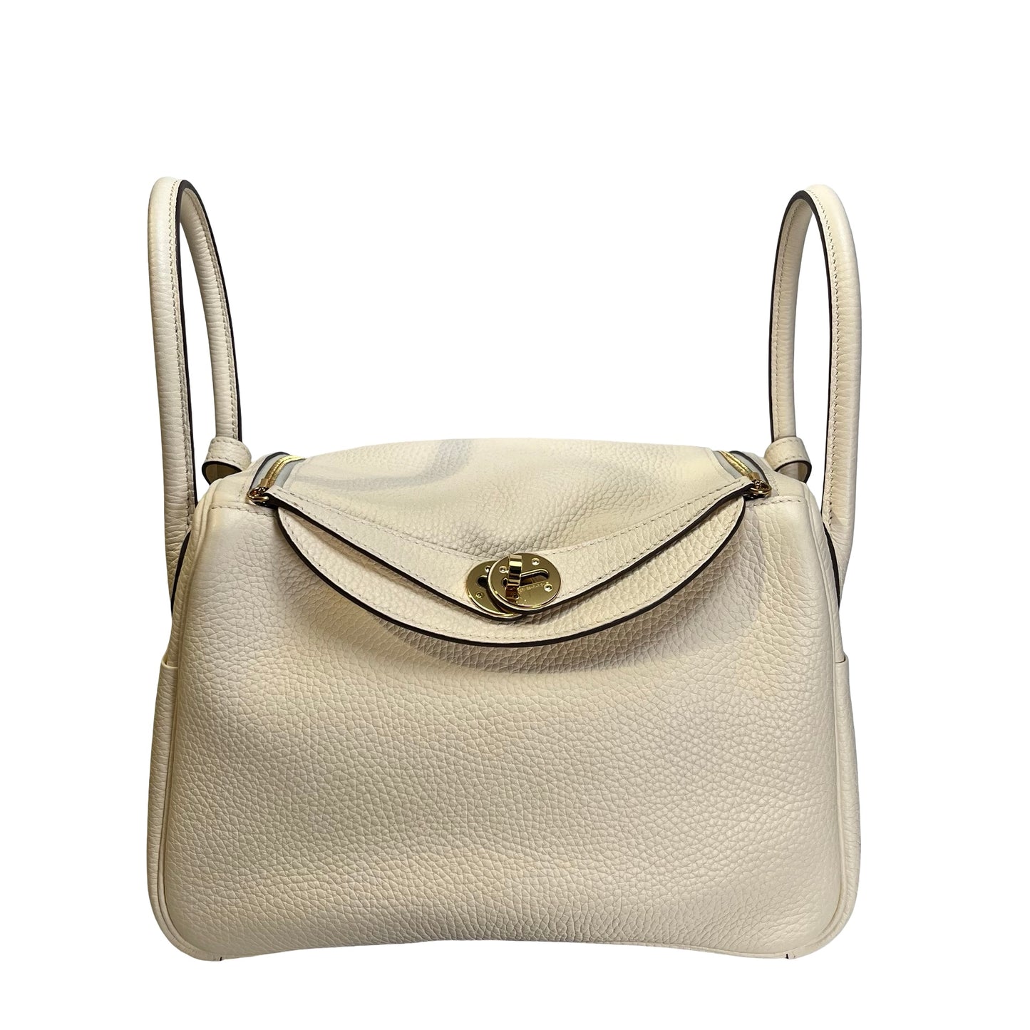 Used HERMES Leather Clemence Lindy Handbag Cream Off-White
