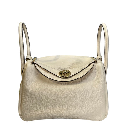 Used HERMES Leather Clemence Lindy Handbag Cream Off-White