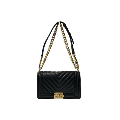 Used Chanel Lambskin Leather Boy 25 Shoulder Bag Black GHW