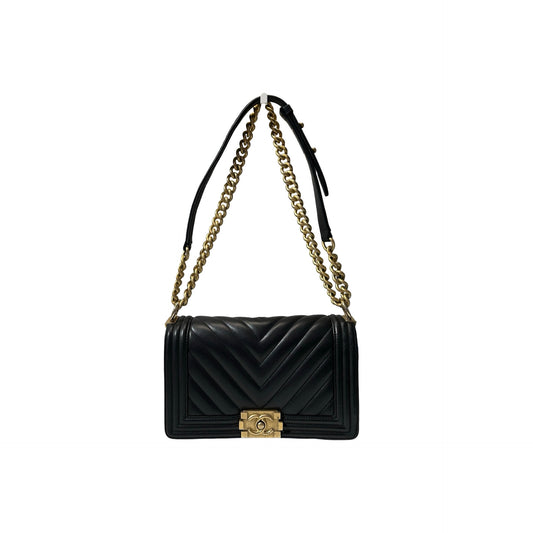 Used Chanel Lambskin Leather Boy 25 Shoulder Bag Black GHW
