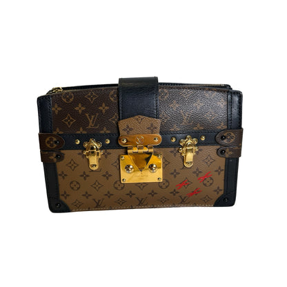 Used LOUIS VUITTON Monogram Canvas Leather Petite Malle Crossbody Bag Brown Black Gold