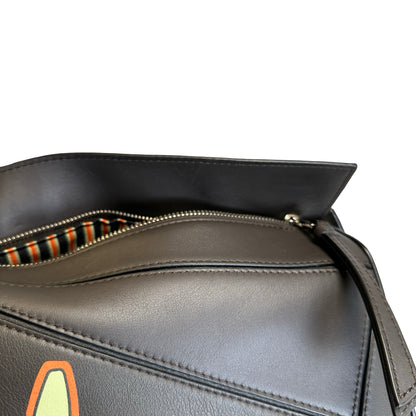Used LOEWE Calfskin Puzzle Bag Small Shoulder Bag Black Orange Green