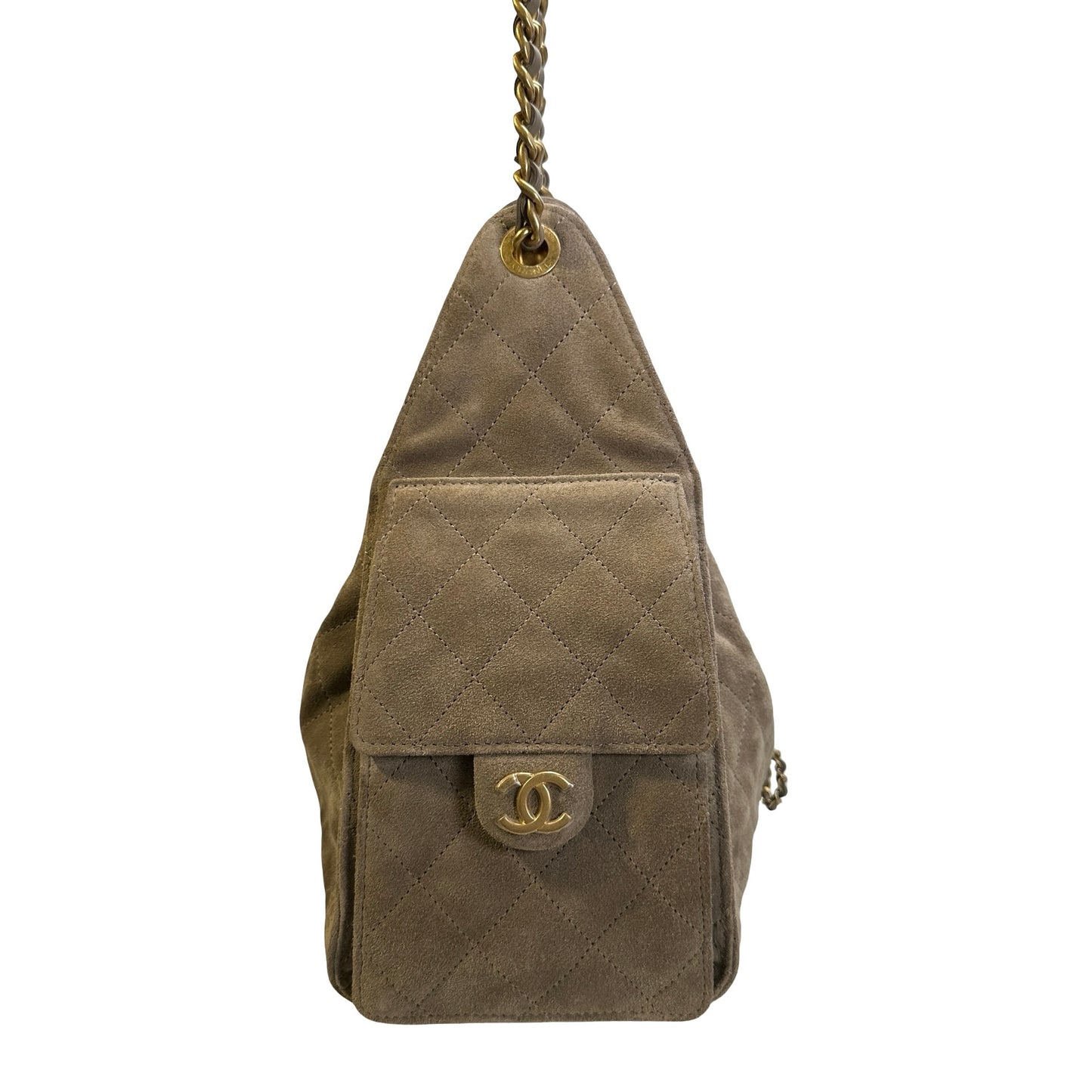 Used CHANEL Suede Quilted Suede Quilted Handbag Handbag Khaki Gold