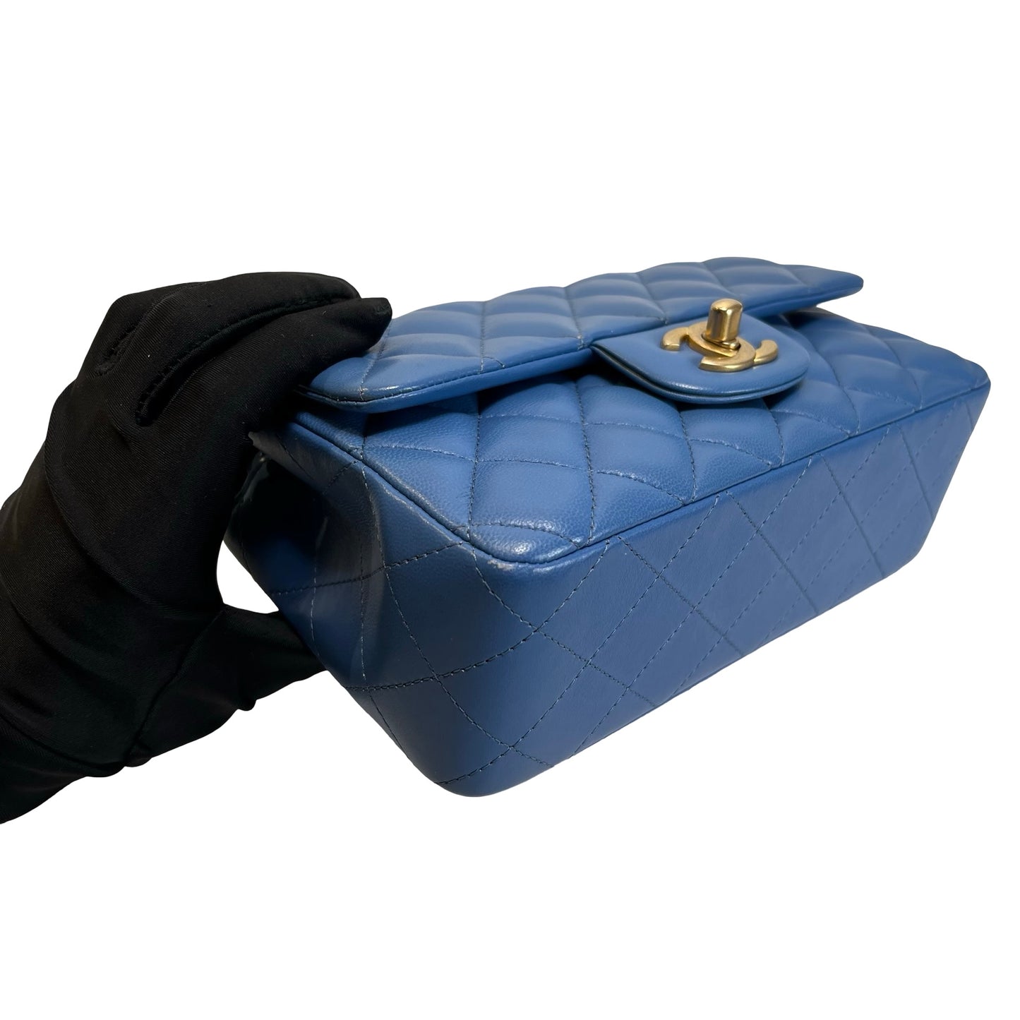 Used CHANEL Quilted Lambskin Classic Flap Handbag Blue Gold hardware