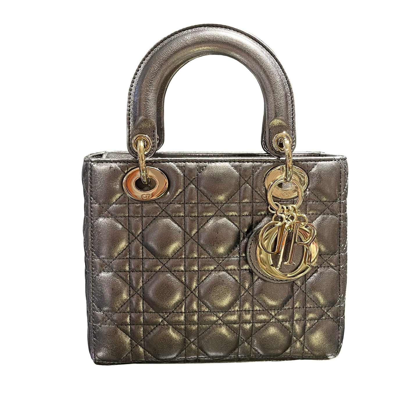 Used Dior Lady Dior Handbag Metallic Silver GHW