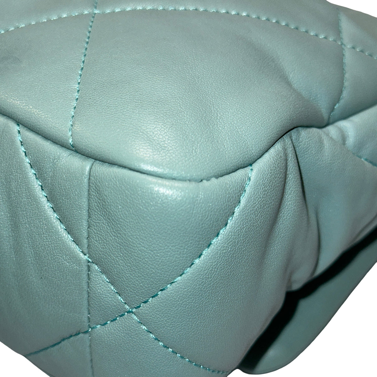 Used CHANEL Lambskin Quilted Chanel 19 Chain Shoulder Bag Light Blue Gold