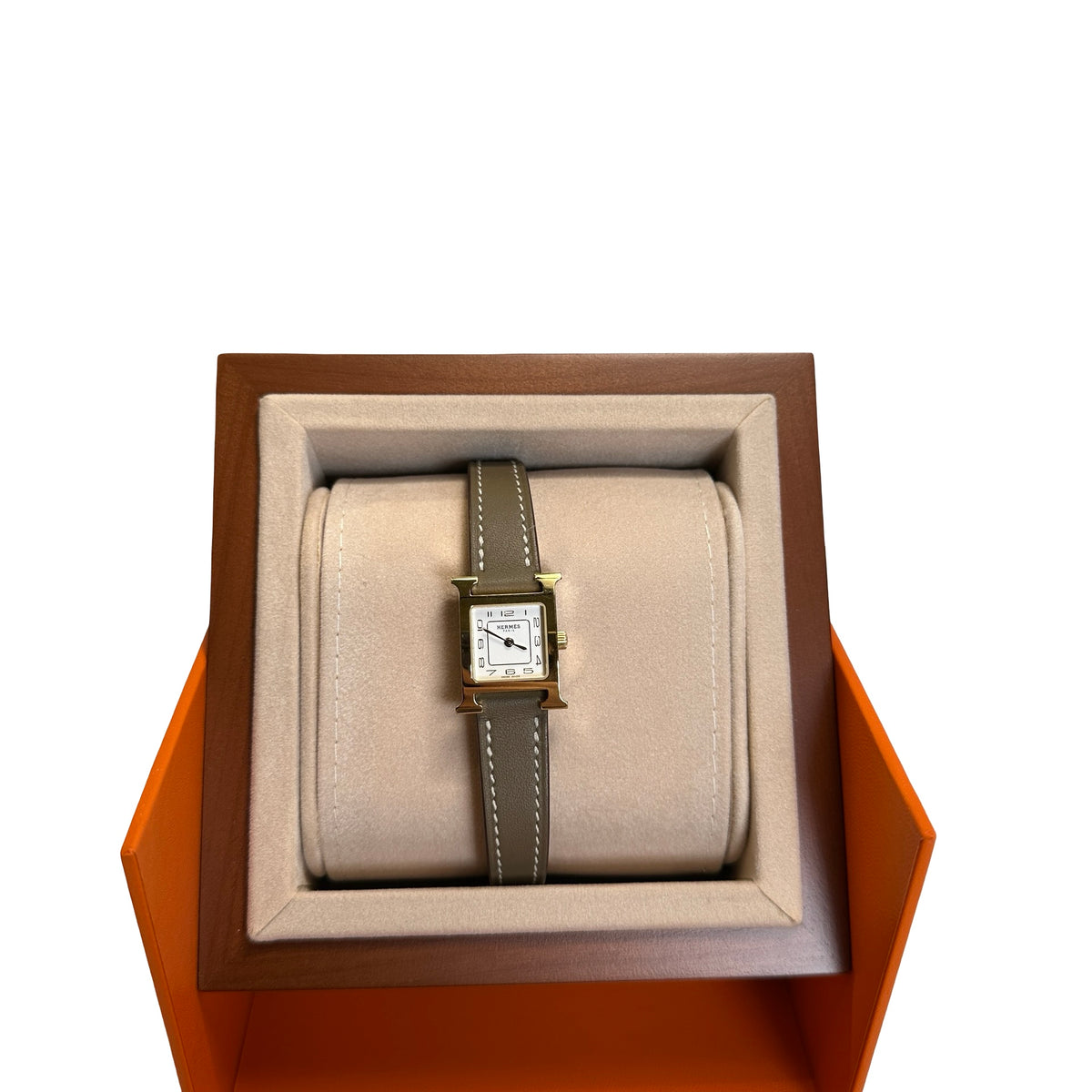 Used HERMES Leather Gold Plated Heure H Watch Green Gold White