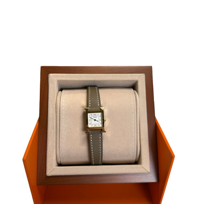 Used HERMES Leather Gold Plated Heure H Watch Green Gold White