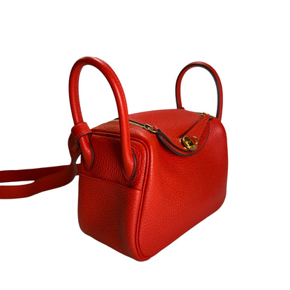 Used HERMES Togo Leather Mini Lindy Handbag Red GHW