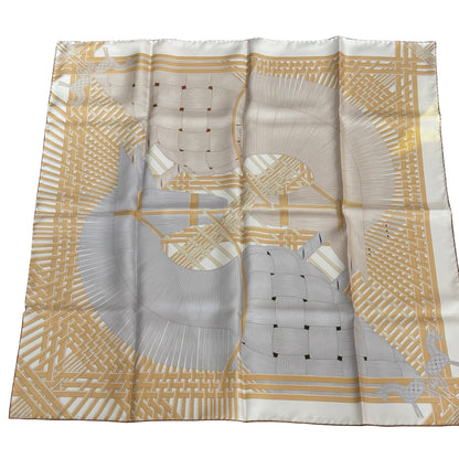 Brand New HERMES Silk Printed Carre 90 Scarf Grey White Gold