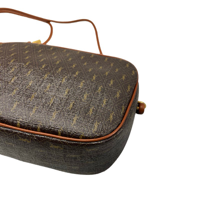 Used SAINT LAURENT Calfskin Leather Monogram Crossbody Shoulder Bag Brown GHW