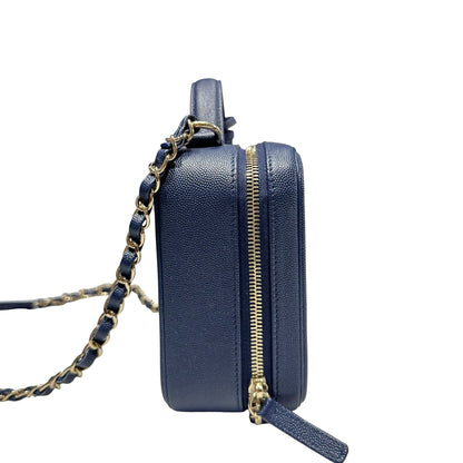 Unused CHANEL Calfskin Leather Vanity Case Navy Blue
