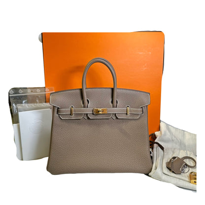 Used HERMES Togo Birkin 25 Handbag Etoupe Gold