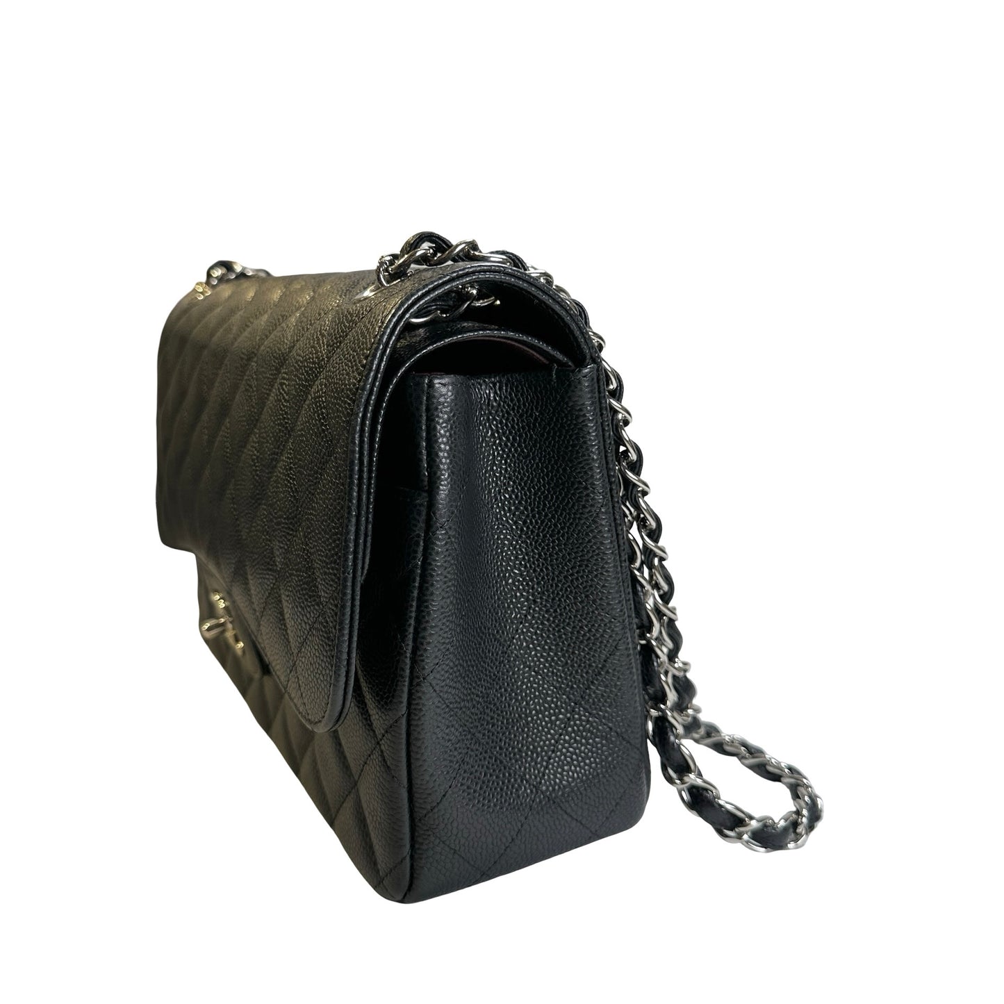Used CHANEL Quilted Caviar Leather Classic Flap Chain Shoulder Bag Black Silver