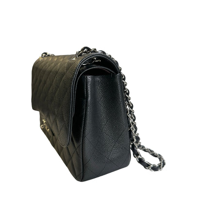 Used CHANEL Quilted Caviar Leather Classic Flap Chain Shoulder Bag Black Silver