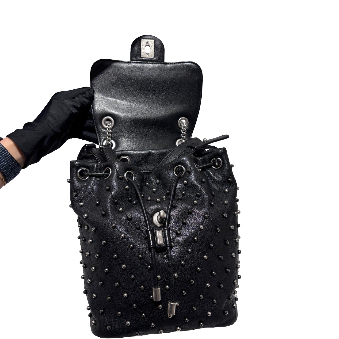 Used CHANEL Lambskin Studded Stud Wars Backpack Backpack Black Silver