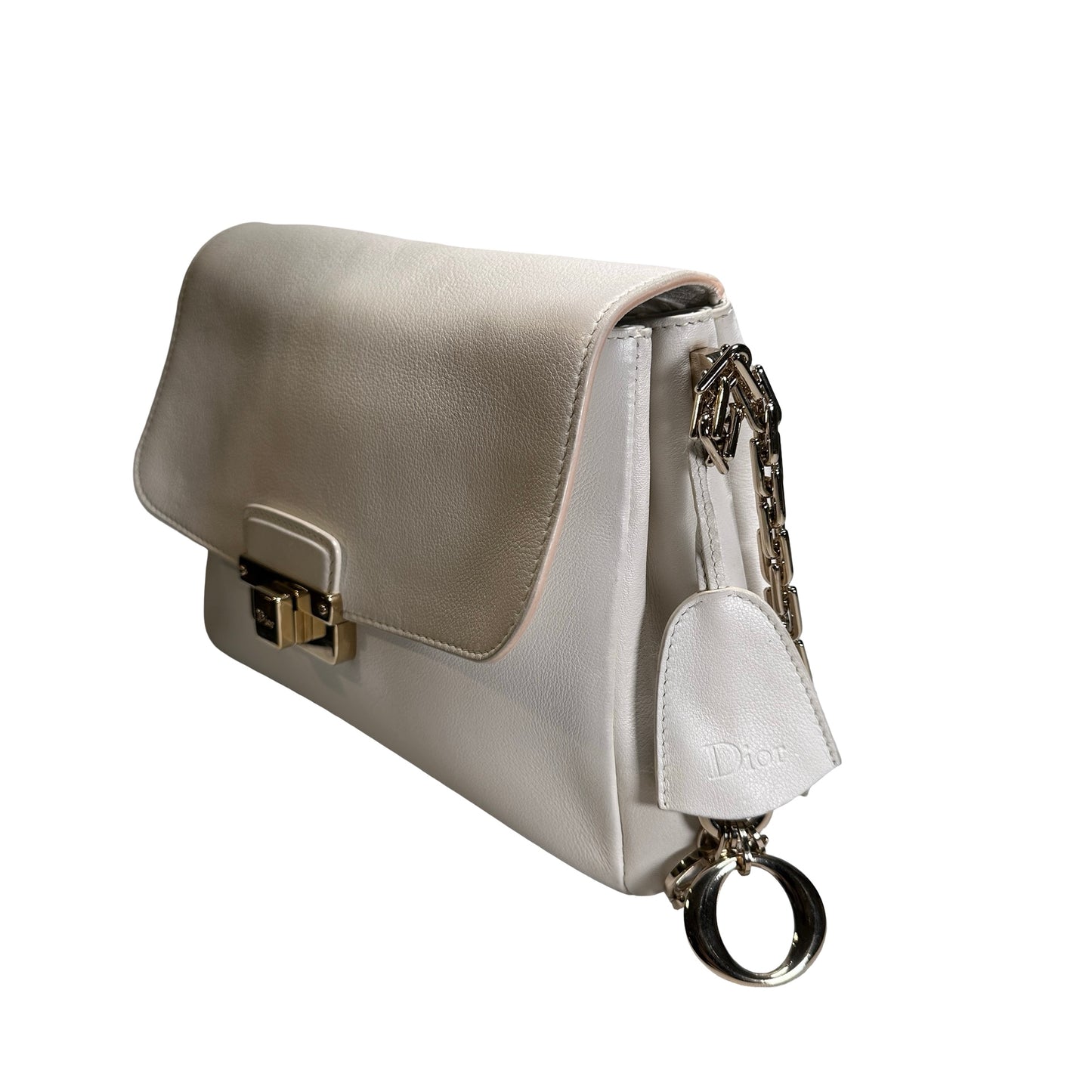 Used CHRISTIAN DIOR Leather Miss Dior Promenade Pouch Chain Shoulder Bag White GHW