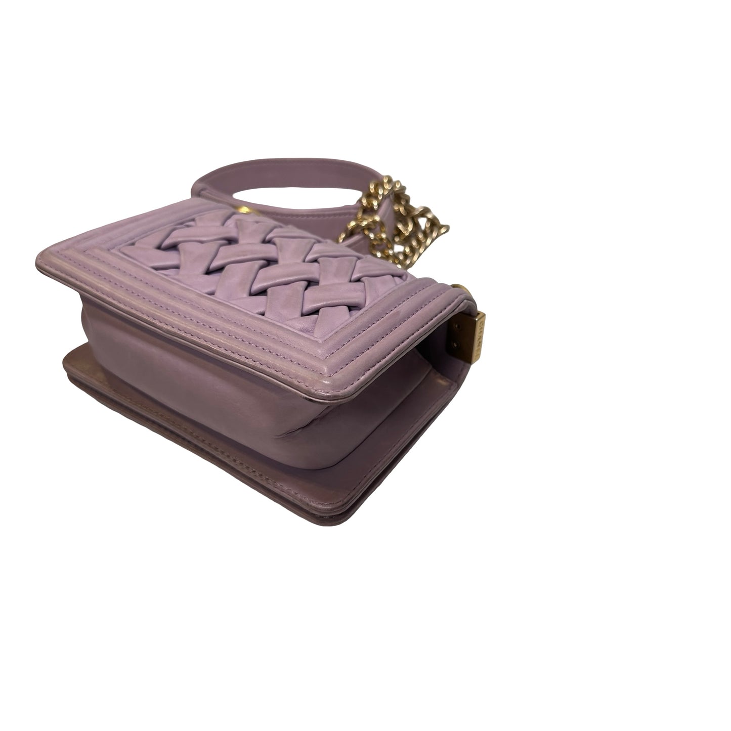 Used CHANEL Braided Lambskin Boy Chain Shoulder Bag Lilac Gold